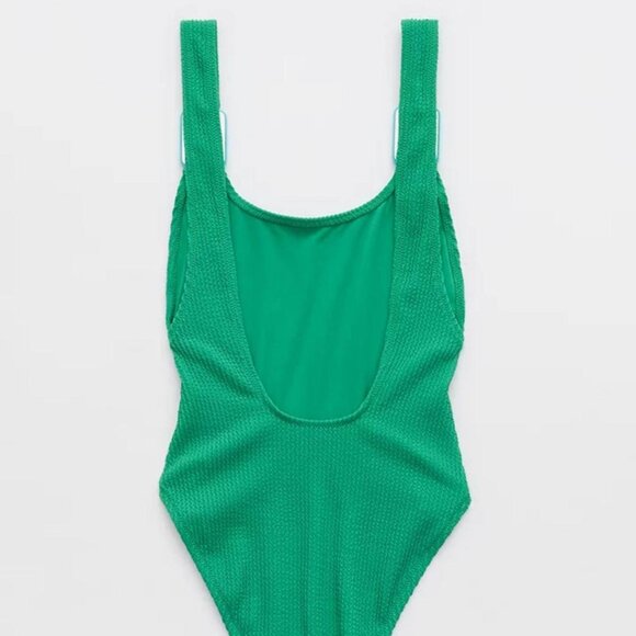 NWOT Aerie Shimmery Crinkle Birthday Scoop Cheekiest One Piece Swimsuit Kelly - Picture 4 of 10